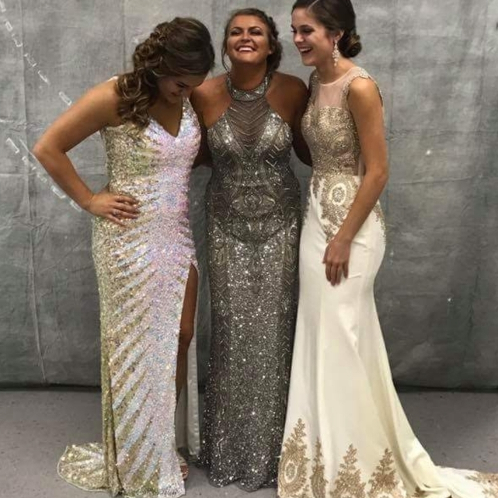 Silver beaded halter neck full length size 2 dress